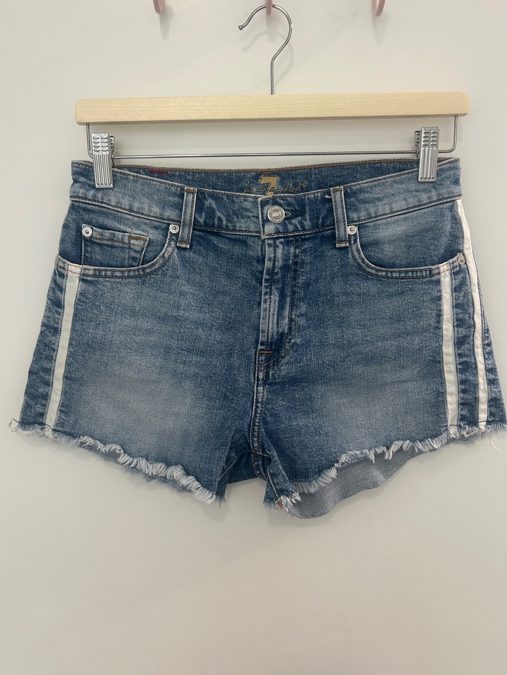 7 For All Mankind Frayed Side-Stripe Denim Cutoff Shorts